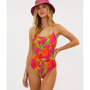 Beach Riot Stevie One-Piece Swimsuit Large Pink Hibiscus Sunset Floral Print